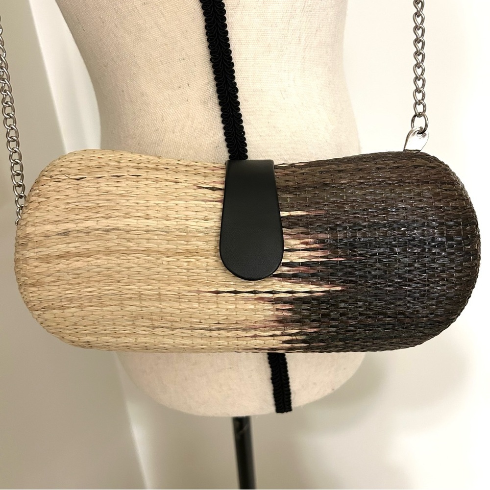 Le Sac Two-Tone Straw Clutch Bag Brown & Tan | Velvet Lined Chain Strap New